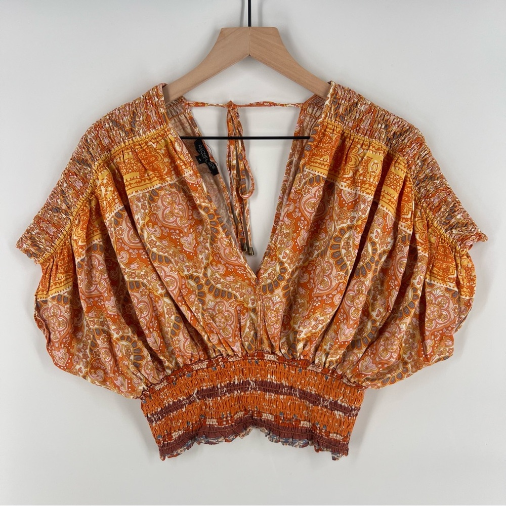 Rachel Zoe Boho Printed Batwing Gypsy Feminine Cottage Peasant Fall Crop Top